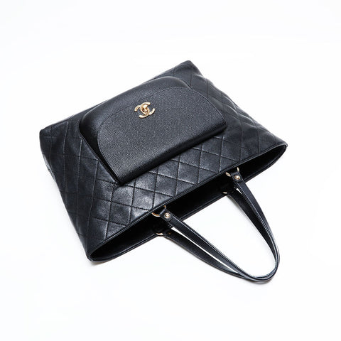 CHANEL No. 24 2017-2018 Wild Stitch Calfskin Caviar Turnlock Tote Shoulder Bag black WS22835