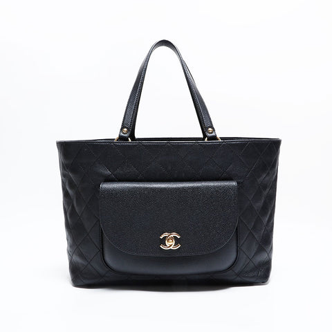CHANEL No. 24 2017-2018 Wild Stitch Calfskin Caviar Turnlock Tote Shoulder Bag black WS22835