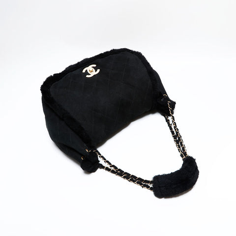 シャネル CHANEL 9番台 2004-2005 ボア フラップ チェーン ムートン ショルダーバッグ ブラック WS22839