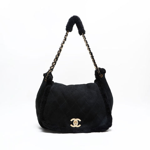 シャネル CHANEL 9番台 2004-2005 ボア フラップ チェーン ムートン ショルダーバッグ ブラック WS22839