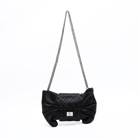 シャネル CHANEL 12番台 2008-2009 サテン チェーン リボン ショルダーバッグ ブラック WS22847