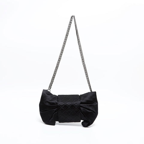 シャネル CHANEL 12番台 2008-2009 サテン チェーン リボン ショルダーバッグ ブラック WS22847