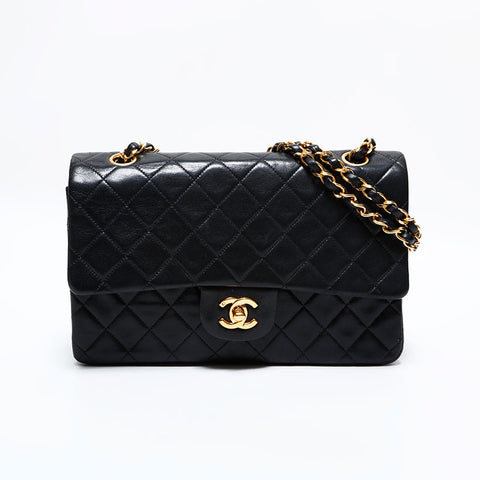 CHANEL No. 2 1991-1994 Double Flap Matelasse 25 Chain Lambskin Shoulder Bag black WS22850
