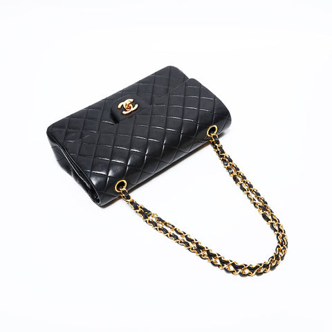 シャネル CHANEL 1番台 1989-1991 ラムスキン ダブルフラップ チェーン マトラッセ 25cm ショルダーバッグ ブラック WS22855
