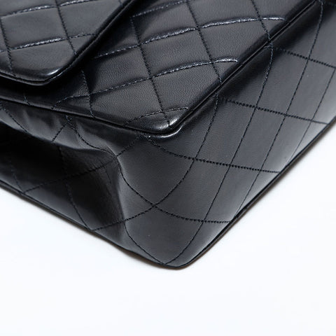 シャネル CHANEL 1番台 1989-1991 ラムスキン ダブルフラップ チェーン マトラッセ 25cm ショルダーバッグ ブラック WS22855