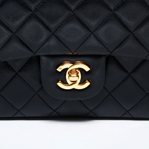 シャネル CHANEL 1番台 1989-1991 ラムスキン ダブルフラップ チェーン マトラッセ 25cm ショルダーバッグ ブラック WS22855