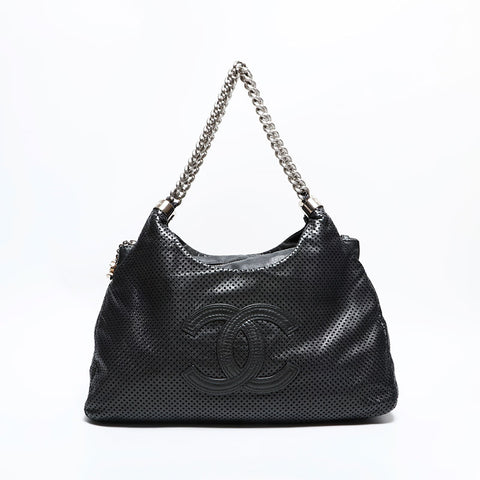 CHANEL 12th series 2008-2009 Leather Punching COCO Mark Chain Shoulder Bag Silver WS22868