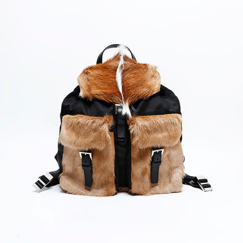 PRADA Gazelle Fur Nylon Backpack  Daypack black WS22882