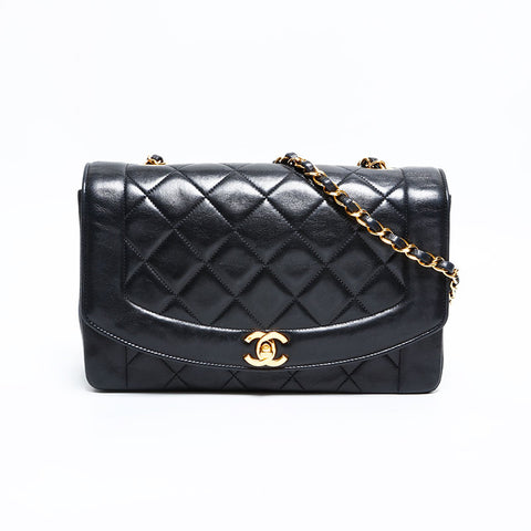 シャネル CHANEL 2番台 1991-1994 ラムスキン ダイアナ 25 チェーン マトラッセ ショルダーバッグ ブラック WS22896