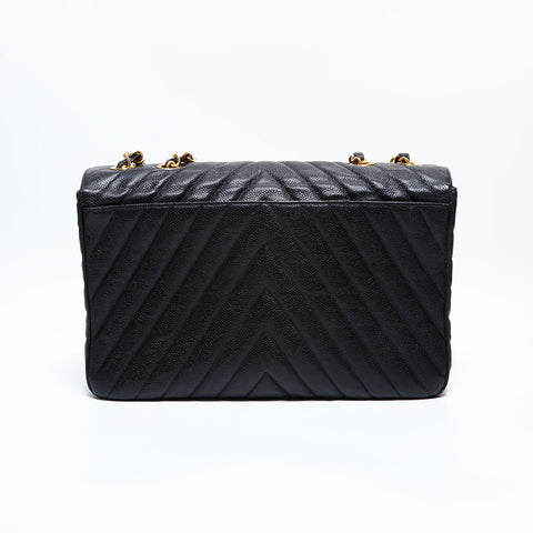 CHANEL No. 2 Big Matrasse Chevron Caviar Chain 1991-1994 Shoulder Bag black WS22898