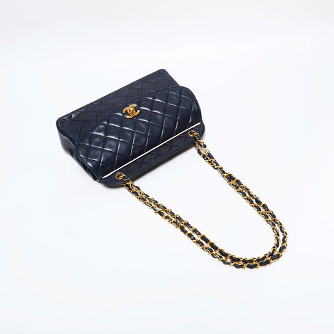 シャネル CHANEL 1番台 1989-1991 ラムスキン マトラッセ フラップ チェーン ショルダーバッグ ネイビー WS22902