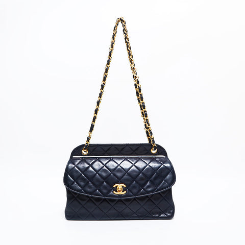 シャネル CHANEL 1番台 1989-1991 ラムスキン マトラッセ フラップ チェーン ショルダーバッグ ネイビー WS22902