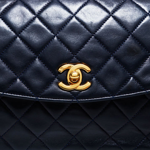 シャネル CHANEL 1番台 1989-1991 ラムスキン マトラッセ フラップ チェーン ショルダーバッグ ネイビー WS22902