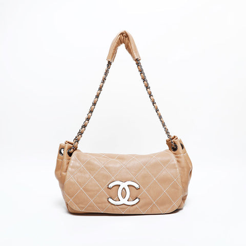 シャネル CHANEL 9番台 2004-2005 チェーン フラップ ココマーク ラムスキン ショルダーバッグ ベージュ WS22907