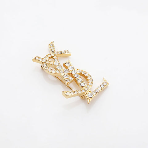 YVES SAINT LAURENT YSL logo rhinestone Brooch gold WS22951