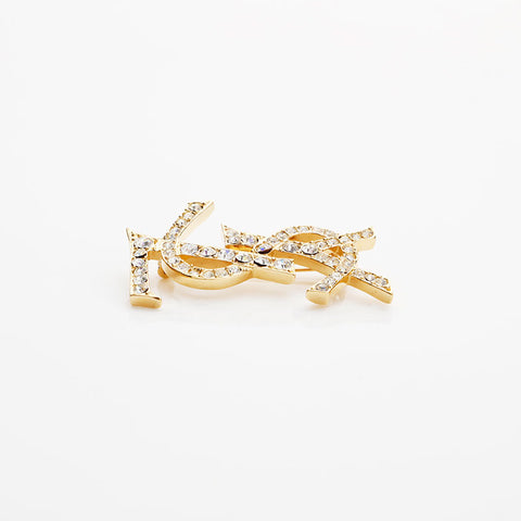 YVES SAINT LAURENT YSL logo rhinestone Brooch gold WS22951