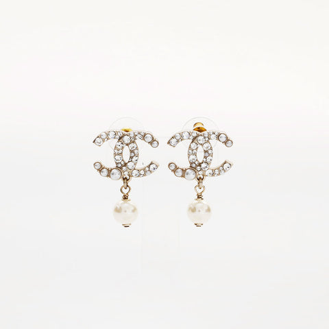 CHANEL C21C 2021 COCO Mark Pearl Rhinestone Drop Pierce black WS22966