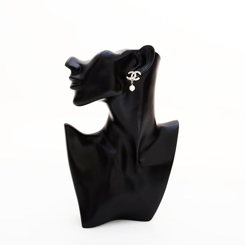 CHANEL C21C 2021 COCO Mark Pearl Rhinestone Drop Pierce black WS22966