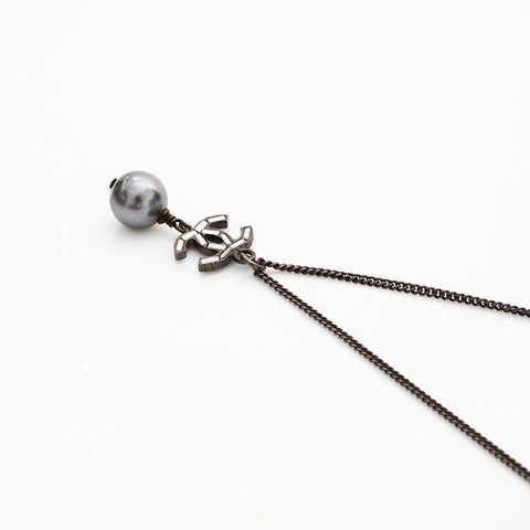 CHANEL B10C 2010 2way COCO Mark Pearl Necklace black WS22969
