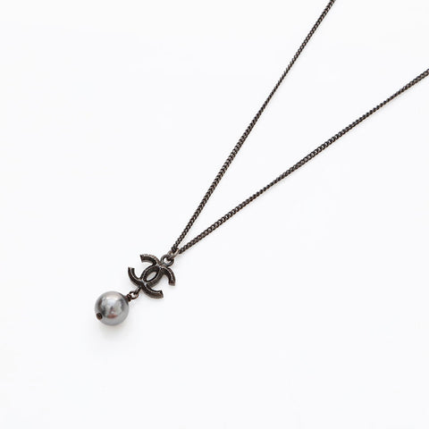 CHANEL B10C 2010 2way COCO Mark Pearl Necklace black WS22969