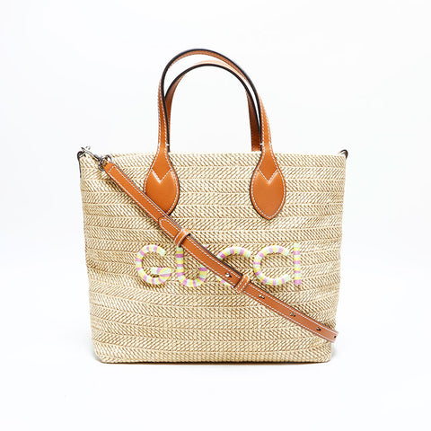 GUCCI Patch Small Tote Bag Raffia Basket Bag 2way Shoulder Bag beige WS22992
