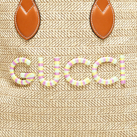 GUCCI Patch Small Tote Bag Raffia Basket Bag 2way Shoulder Bag beige WS22992
