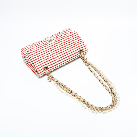 CHANEL 19th series 2014 Border Double Flap Chain 9.8" Shoulder Bag White red WS22993