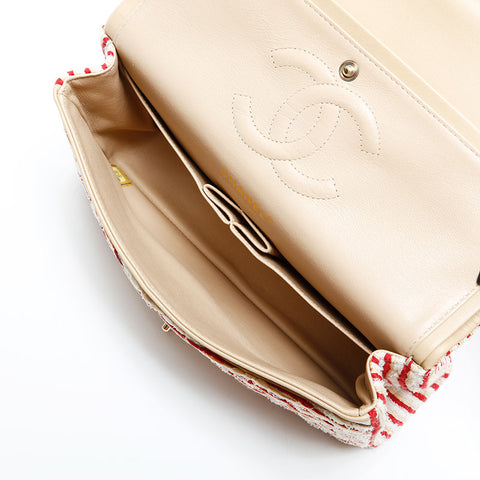 CHANEL 19th series 2014 Border Double Flap Chain 9.8" Shoulder Bag White red WS22993