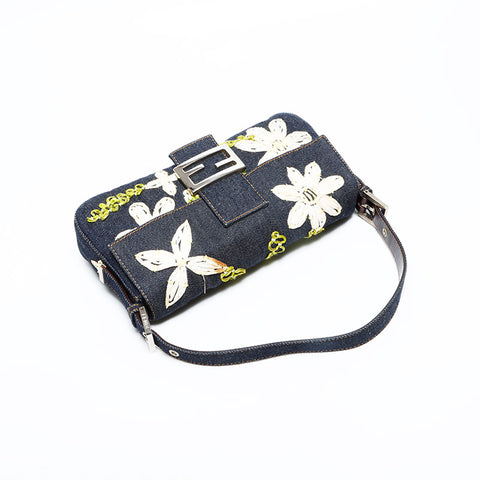 FENDI Denim flower embroidered Mamma Bucket Handbag Navy WS23040