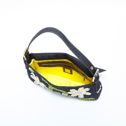 FENDI Denim flower embroidered Mamma Bucket Handbag Navy WS23040