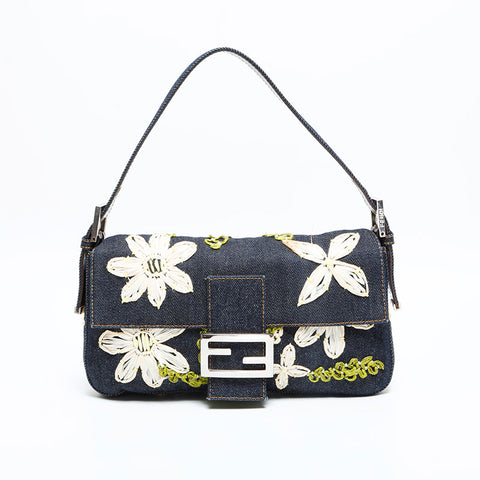 FENDI Denim flower embroidered Mamma Bucket Handbag Navy WS23040
