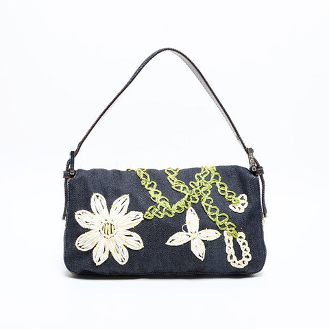 FENDI Denim flower embroidered Mamma Bucket Handbag Navy WS23040