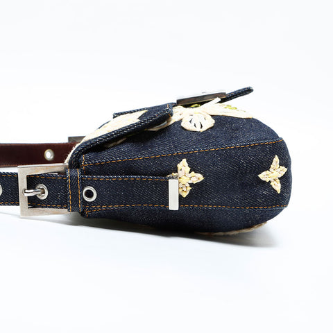 FENDI Denim flower embroidered Mamma Bucket Handbag Navy WS23040