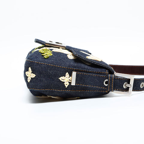 FENDI Denim flower embroidered Mamma Bucket Handbag Navy WS23040