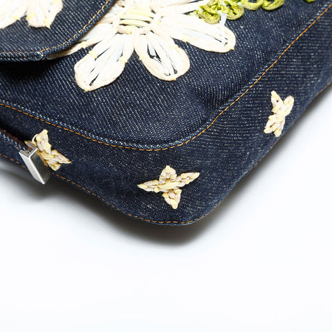 FENDI Denim flower embroidered Mamma Bucket Handbag Navy WS23040