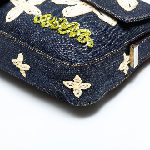 FENDI Denim flower embroidered Mamma Bucket Handbag Navy WS23040