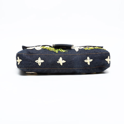 FENDI Denim flower embroidered Mamma Bucket Handbag Navy WS23040