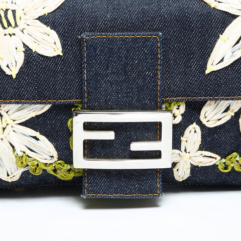 FENDI Denim flower embroidered Mamma Bucket Handbag Navy WS23040
