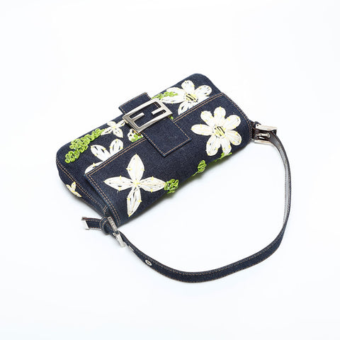 FENDI Denim flower embroidered Mamma Bucket Shoulder Bag Navy WS23067