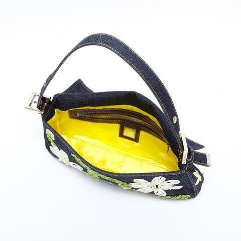 FENDI Denim flower embroidered Mamma Bucket Shoulder Bag Navy WS23067