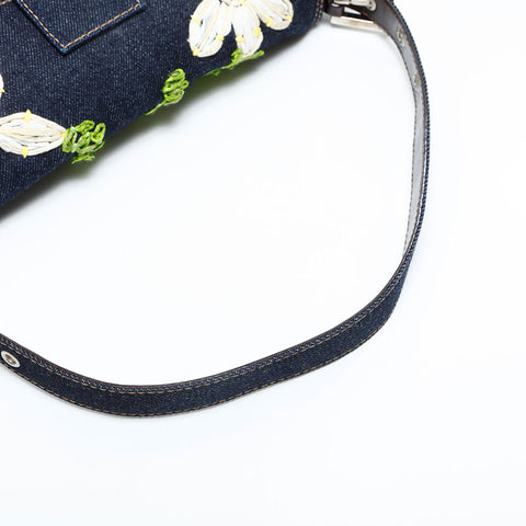 FENDI Denim flower embroidered Mamma Bucket Shoulder Bag Navy WS23067