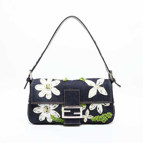 FENDI Denim flower embroidered Mamma Bucket Shoulder Bag Navy WS23067
