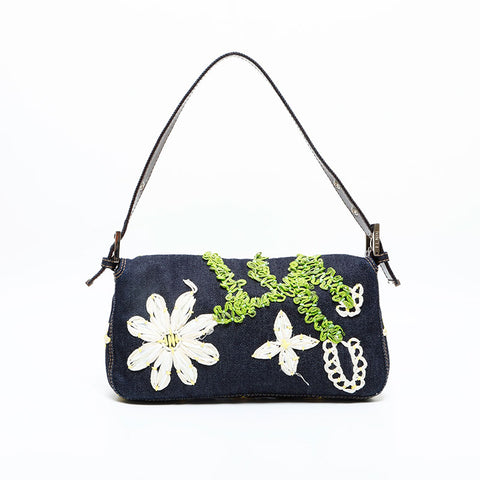 FENDI Denim flower embroidered Mamma Bucket Shoulder Bag Navy WS23067