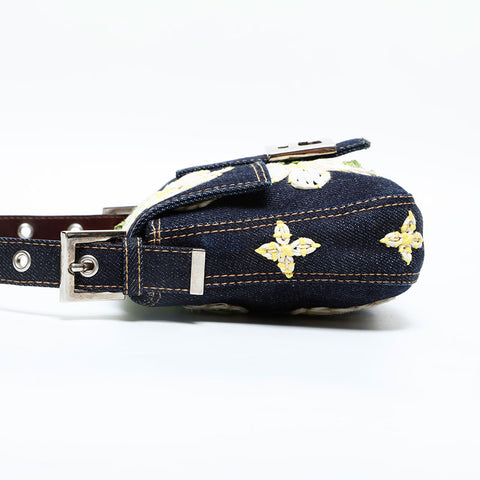 FENDI Denim flower embroidered Mamma Bucket Shoulder Bag Navy WS23067