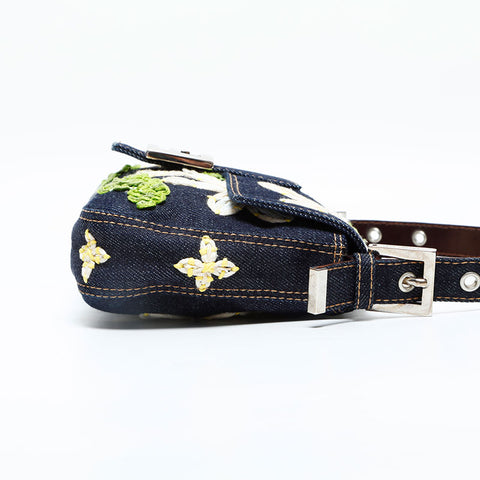 FENDI Denim flower embroidered Mamma Bucket Shoulder Bag Navy WS23067
