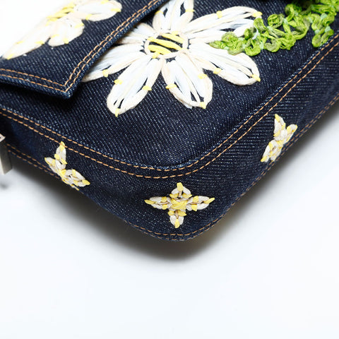 FENDI Denim flower embroidered Mamma Bucket Shoulder Bag Navy WS23067