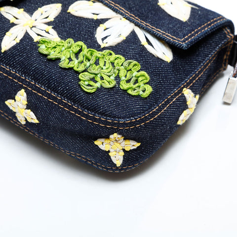 FENDI Denim flower embroidered Mamma Bucket Shoulder Bag Navy WS23067
