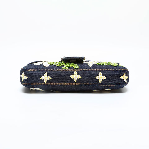 FENDI Denim flower embroidered Mamma Bucket Shoulder Bag Navy WS23067
