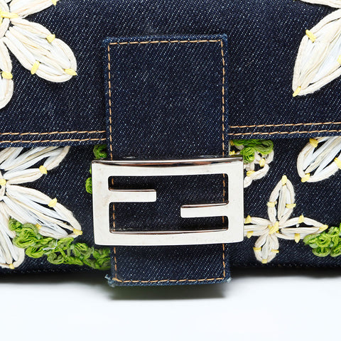 FENDI Denim flower embroidered Mamma Bucket Shoulder Bag Navy WS23067