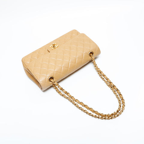 CHANEL No. 8 2003-2004 Caviar Skin Double Flap Matelasse 9.8" Chain Shoulder Bag beige WS23068